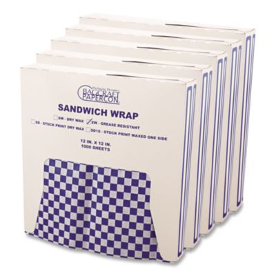 Grease-Resistant Paper Wraps And Liners, 12 X 12, Blue Check, 1,000/Box, 5 Boxes/Carton