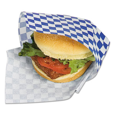 Grease-Resistant Paper Wraps And Liners, 12 X 12, Blue Check, 1,000/Box, 5 Boxes/Carton