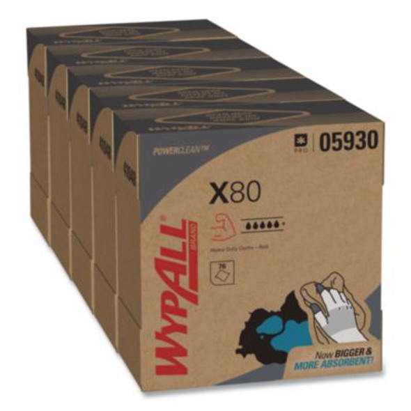 Power Clean X80 Heavy Duty Cloths, Hydroknit, Pop-Up Box, 8.34 x 16.8, Red, 76/Box, 5 Box/Carton
