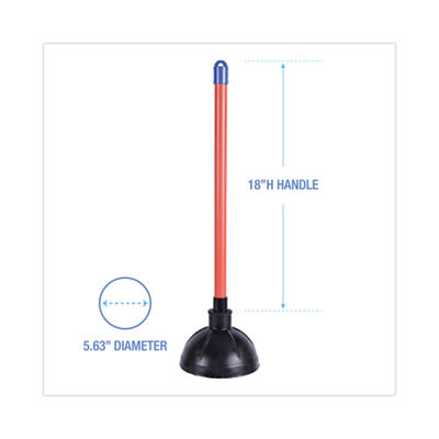 Toilet Plunger, 18" Plastic Handle, 5.63" Dia, Red/Black, 6/Carton