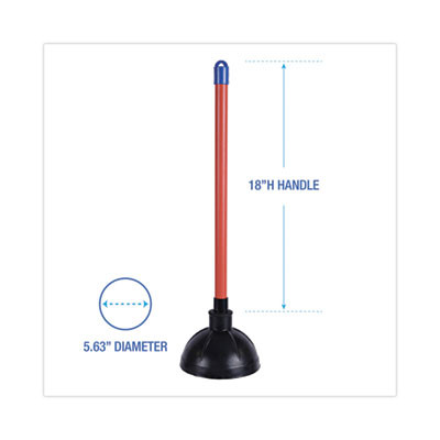 Toilet Plunger, 18" Plastic Handle, 5.63" Dia, Red/Black