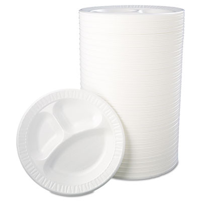 Quiet Class Laminated Foam Dinnerware, 3-Compartment Plate, 10.25" Dia, White, 125/Pack, 4 Packs/Carton