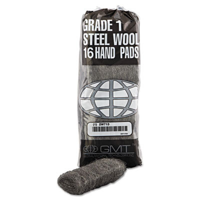 Industrial-Quality Steel Wool Hand Pads, #1 Medium, Steel Gray, 16 Pads/Sleeve, 12 Sleeves/Carton