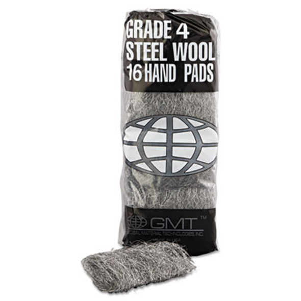 Industrial-Quality Steel Wool Hand Pads, #4 Extra Coarse, Steel Gray, 16 Pads/Sleeve, 12 Sleeves/Carton