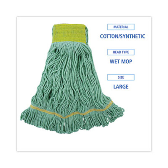 Ecomop Looped-End Mop Head, Recycled Fibers, Large Size, Green, 12/Carton