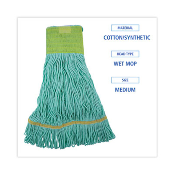 Ecomop Looped-End Mop Head, Recycled Fibers, Medium Size, Green, 12/Carton