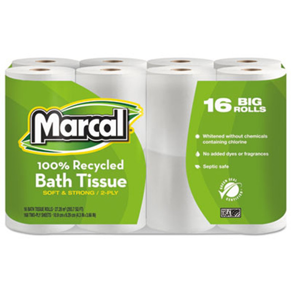 100% Recycled Two-Ply Bath Tissue, Septic Safe, White, 168 Sheets/Roll, 16 Rolls/Pack