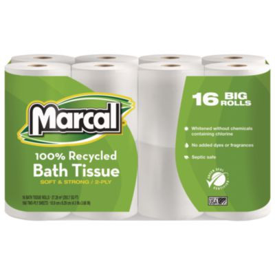 100% Recycled Two-Ply Bath Tissue, Septic Safe, White, 168 Sheets/Roll, 16 Rolls/Pack