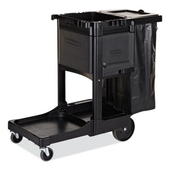 Executive Janitorial Cleaning Cart, Plastic, 4 Shelves, 1 Bin, 21.75" x 46" x 38.38", Black
