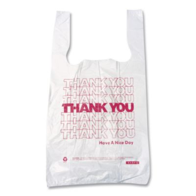 Thank You High-Density Shopping Bags, Have a Nice Day Labeling, Cut-Out Handles, 18" x 8" x 30", White/Red, 500/Carton