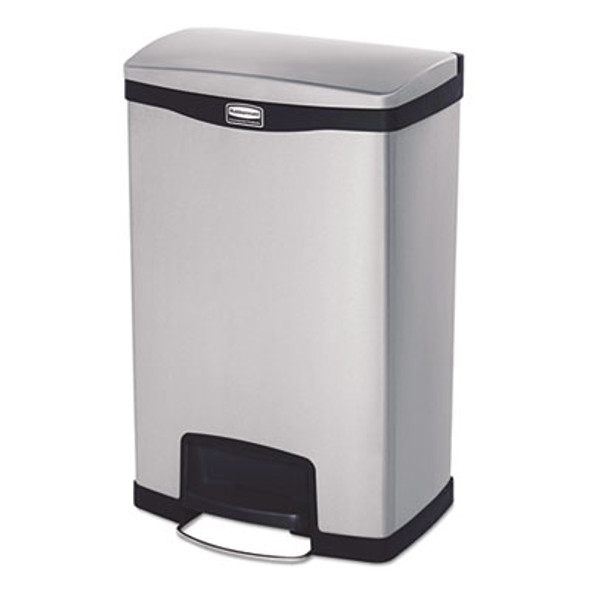 Slim Jim Stainless Steel Step-On Container, Front Step Style, 13 Gal, Stainless Steel, Black