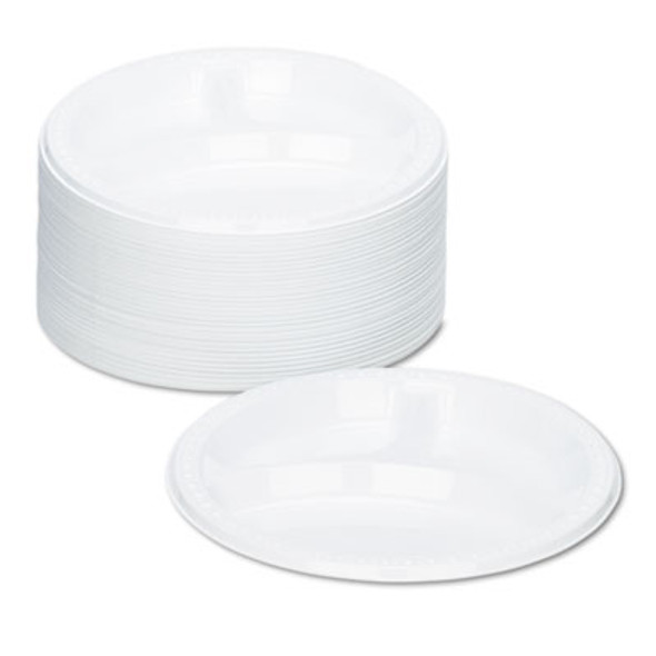 Plastic Dinnerware, 3-Compartment Plates, 9" Dia, White, 125/Pack