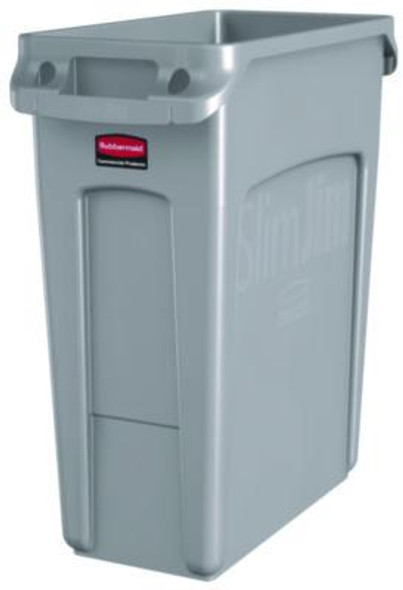 Slim Jim Waste Container With Handles, 16 Gal, Plastic, Light Gray