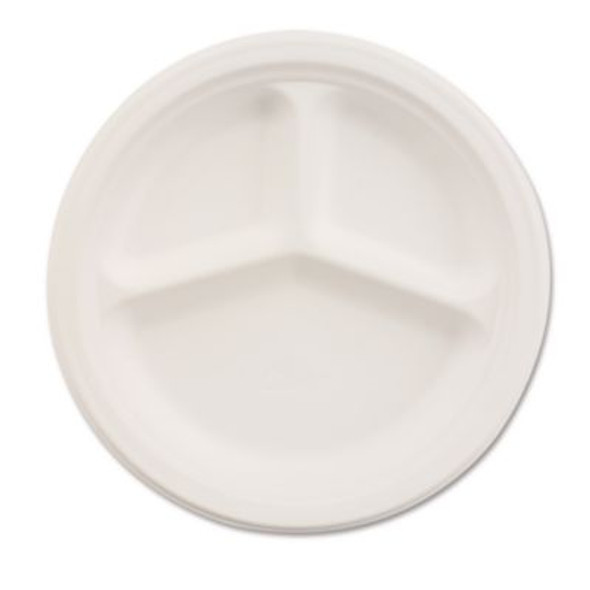 Paper Dinnerware, 3-Compartment Plate, 10.25" Dia, White, 500/Carton