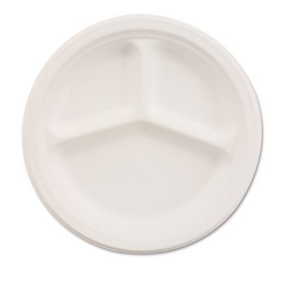 Paper Dinnerware, 3-Compartment Plate, 10.25" Dia, White, 500/Carton