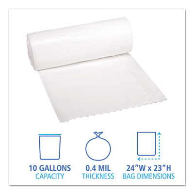 Low-Density Waste Can Liners, 10 Gal, 0.4 Mil, 24" x 23", White, Perforated Roll, 25 Bags/Roll, 20 Rolls/Carton