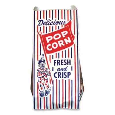 Pinch-Bottom Paper Popcorn Bag, Delicious Popcorn: Circus Clown Icon Labeling, 4" x 1.5" x 8", Red/White/Blue, 1,000/Carton