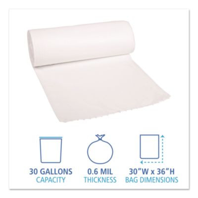 Low-Density Waste Can Liners, 30 Gal, 0.6 Mil, 30" x 36", White, Perforated Roll, 25 Bags/Roll, 8 Rolls/Carton