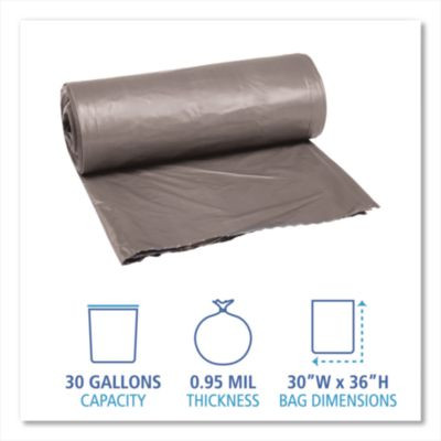 Low-Density Waste Can Liners, 30 Gal, 0.95 Mil, 30" x 36", Gray, Perforated Roll, 25 Bags/Roll, 4 Rolls/Carton