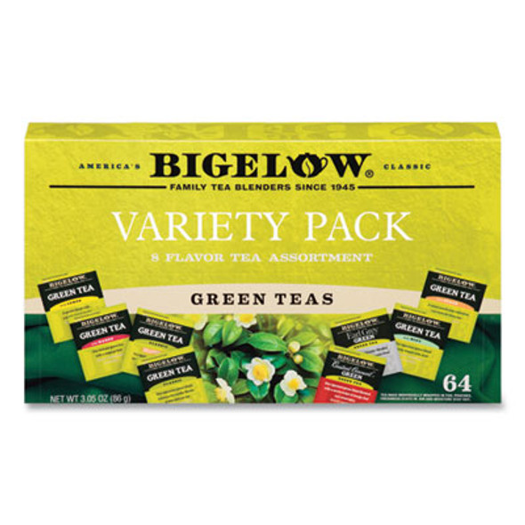Green Tea Assortment, Individually Wrapped, Eight Flavors, 64 Tea Bags/Box
