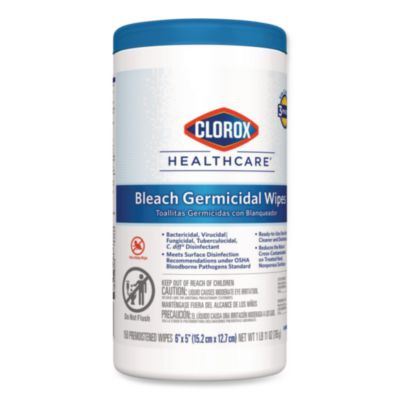 Bleach Germicidal Wipes, 1-Ply, 6 x 5, Unscented, White, 150/Canister