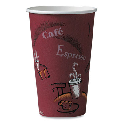 Paper Hot Drink Cups In Bistro Design, 16 Oz, Maroon, 1,000/Carton