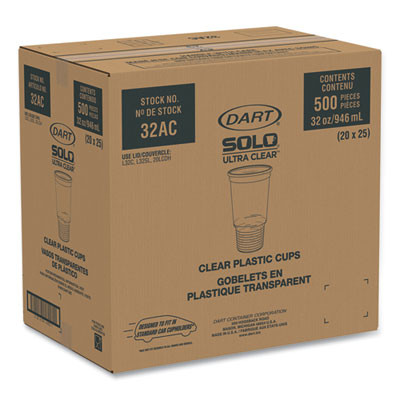 Ultra Clear Pedestal Pet Cups, 32 Oz, Plastic, Clear, 25/Bag, 20 Bags/Carton