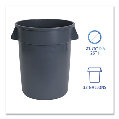 Round Waste Receptacle, 32 Gal, Linear-Low-Density Polyethylene, Gray