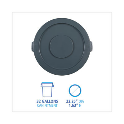 Lids For 32 Gal Waste Receptacle, Flat-Top, Round, Plastic, Gray