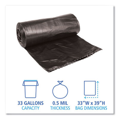 Low-Density Waste Can Liners, 33 Gal, 0.5 Mil, 33" x 39", Black, Perforated Roll, 25 Bags/Roll, 8 Rolls/Carton