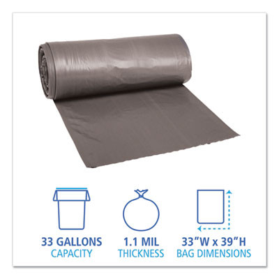 Low-Density Waste Can Liners, 33 Gal, 1.1 Mil, 33" x 39", Gray, Perforated Roll, 25 Bags/Roll, 4 Rolls/Carton