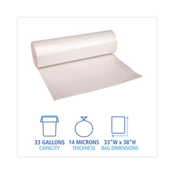 High-Density Can Liners, 33 Gal, 14 Mic, 33" x 38", Natural, Perforated Roll, 25 Bags/Roll, 10 Rolls/Carton