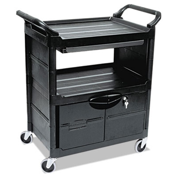 Utility Cart With Locking Doors, Plastic, 3 Shelves, 200 Lb Capacity, 33.63" x 18.63" x 37.75", Black
