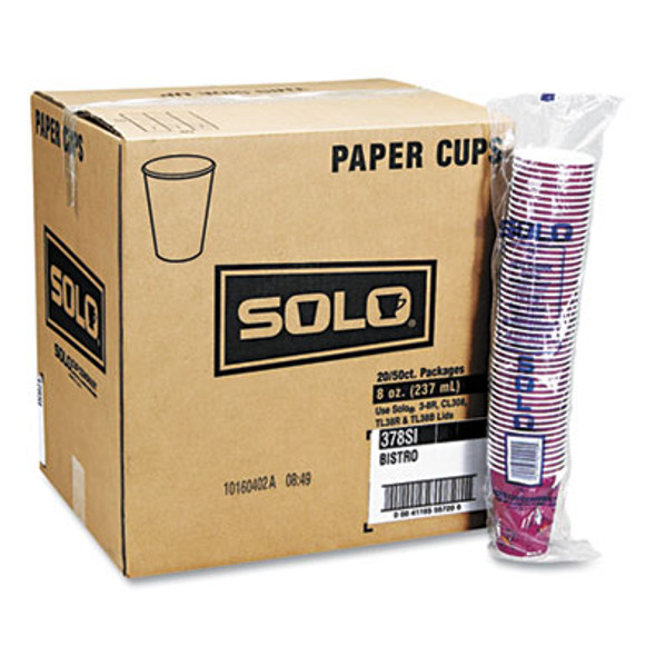 Paper Hot Drink Cups In Bistro Design, 3.35" Diameter x 3.82" h, 10 Oz, Maroon, 1,000/Carton
