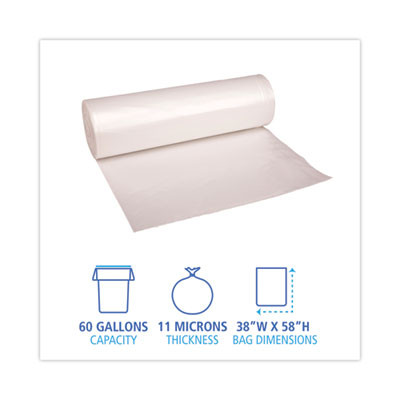 High-Density Can Liners, 60 Gal, 11 Mic, 38" x 58", Natural, Perforated Roll, 25 Bags/Roll, 8 Rolls/Carton