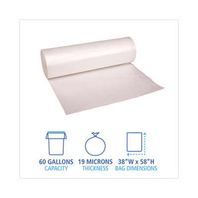 High-Density Can Liners, 60 Gal, 19 Mic, 38" x 58", Natural, Perforated Roll, 25 Bags/Roll, 6 Rolls/Carton