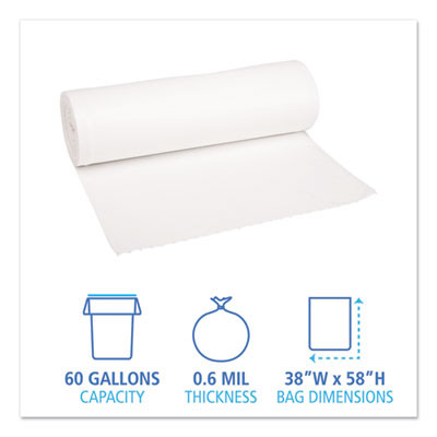 Low-Density Waste Can Liners, 60 Gal, 0.6 Mil, 38" x 58", White, Perforated Roll, 25 Bags/Roll, 4 Rolls/Carton
