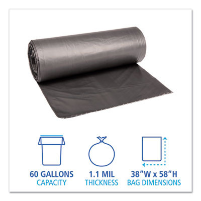 Low-Density Waste Can Liners, 60 Gal, 1.1 Mil, 38" x 58", Gray, Perforated Roll, 20 Bags/Roll, 5 Rolls/Carton