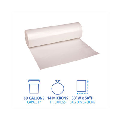 High-Density Can Liners, 60 Gal, 14 Mic, 38" x 58", Natural, Perforated Roll, 25 Bags/Roll, 8 Rolls/Carton