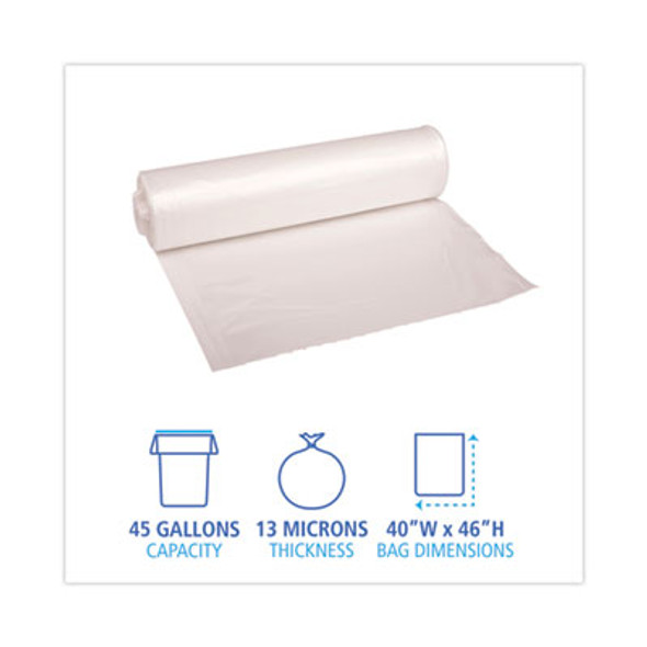 High-Density Can Liners, 45 Gal, 13 Mic, 40" x 46", Natural, Perforated Roll, 25 Bags/Roll, 10 Rolls/Carton