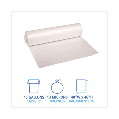 High-Density Can Liners, 45 Gal, 13 Mic, 40" x 46", Natural, Perforated Roll, 25 Bags/Roll, 10 Rolls/Carton