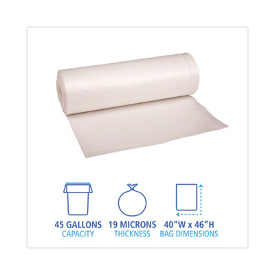High-Density Can Liners, 45 Gal, 19 Mic, 40" x 46", Natural, Perforated Roll, 25 Bags/Roll, 6 Rolls/Carton