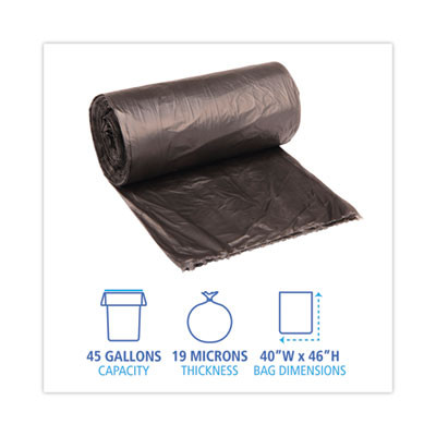 High-Density Can Liners, 45 Gal, 19 Mic, 40" x 46", Black, Perforated Roll, 25 Bags/Roll, 6 Rolls/Carton
