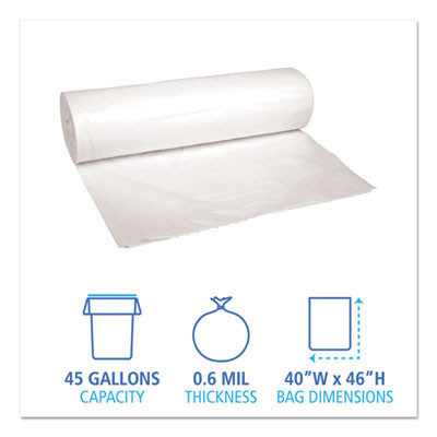 Low-Density Waste Can Liners, 45 Gal, 0.6 Mil, 40" x 46", White, Perforated Roll, 25 Bags/Roll, 4 Rolls/Carton