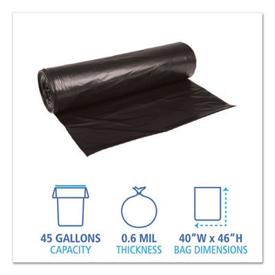 Low-Density Waste Can Liners, 45 Gal, 0.6 Mil, 40" x 46", Black, Perforated Roll, 25 Bags/Roll, 4 Rolls/Carton