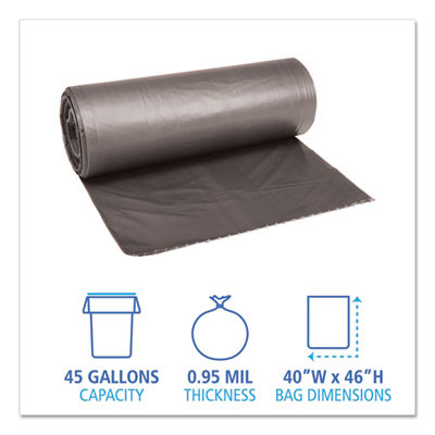 Low-Density Waste Can Liners, 45 Gal, 0.95 Mil, 40" x 46", Gray, Perforated Roll, 25 Bags/Roll, 4 Rolls/Carton
