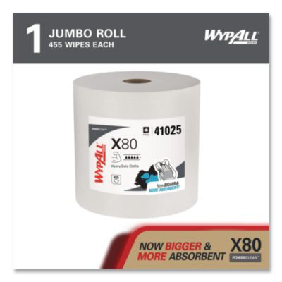 Power Clean X80 Heavy Duty Cloths, Jumbo Roll, 12.4 x 12.2, White, 455/Roll