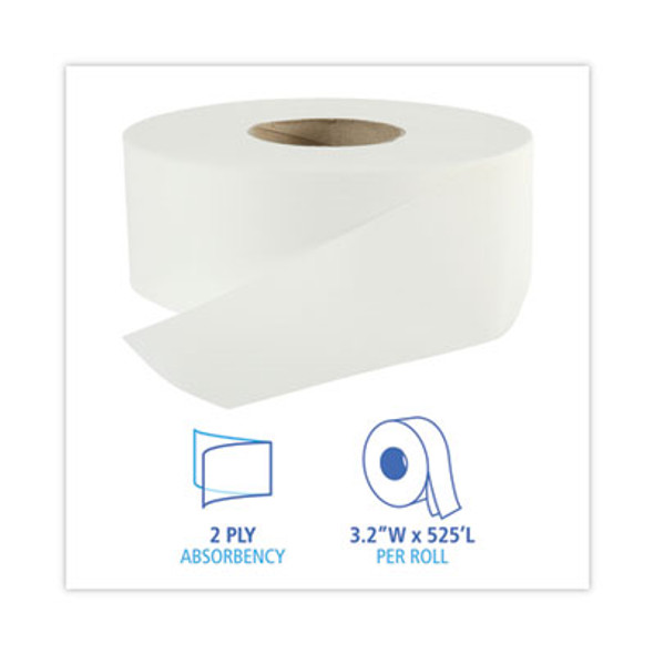 Jumbo Roll Bathroom Tissue, Septic Safe, 2-Ply, 3.2" x 525 Ft, White, 12 Rolls/Carton