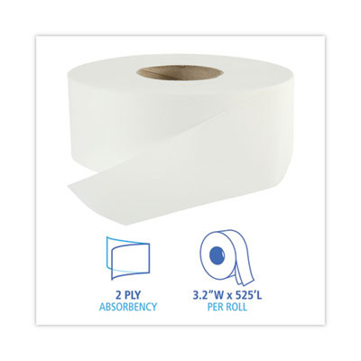 Jumbo Roll Bathroom Tissue, Septic Safe, 2-Ply, 3.2" x 525 Ft, White, 12 Rolls/Carton