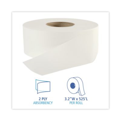 Jumbo Roll Bathroom Tissue, Septic Safe, 2-Ply, 3.2" x 525 Ft, White, 12 Rolls/Carton